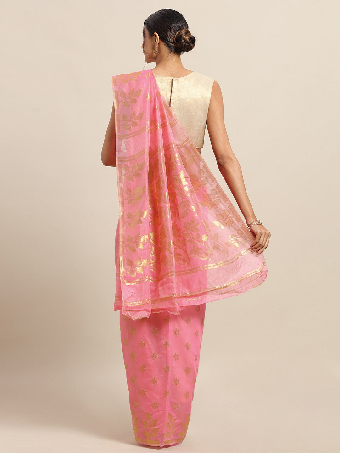  Jamdani Zari Silk Cotton Saree in Pink Colour
