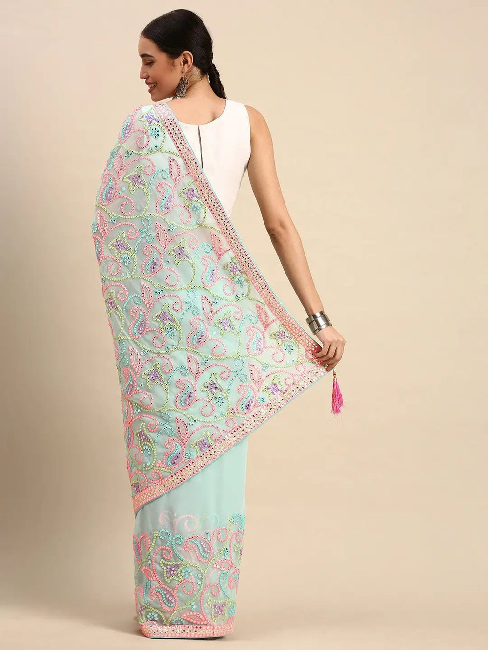 Sky Blue Colour Stylish Embellished Satin Saree