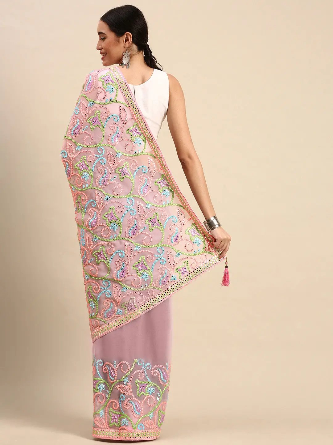 Pink Colour Stylish Embellished Satin Saree with Mirror Work