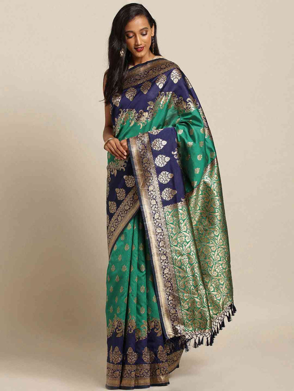 Latest Banarasi Green Colour Ethnic Motifs Silk Zari Saree