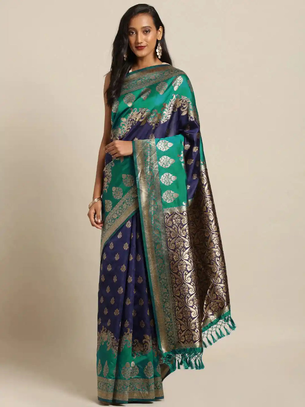Latest Banarasi Navy Colour Ethnic Motifs Silk Zari Saree