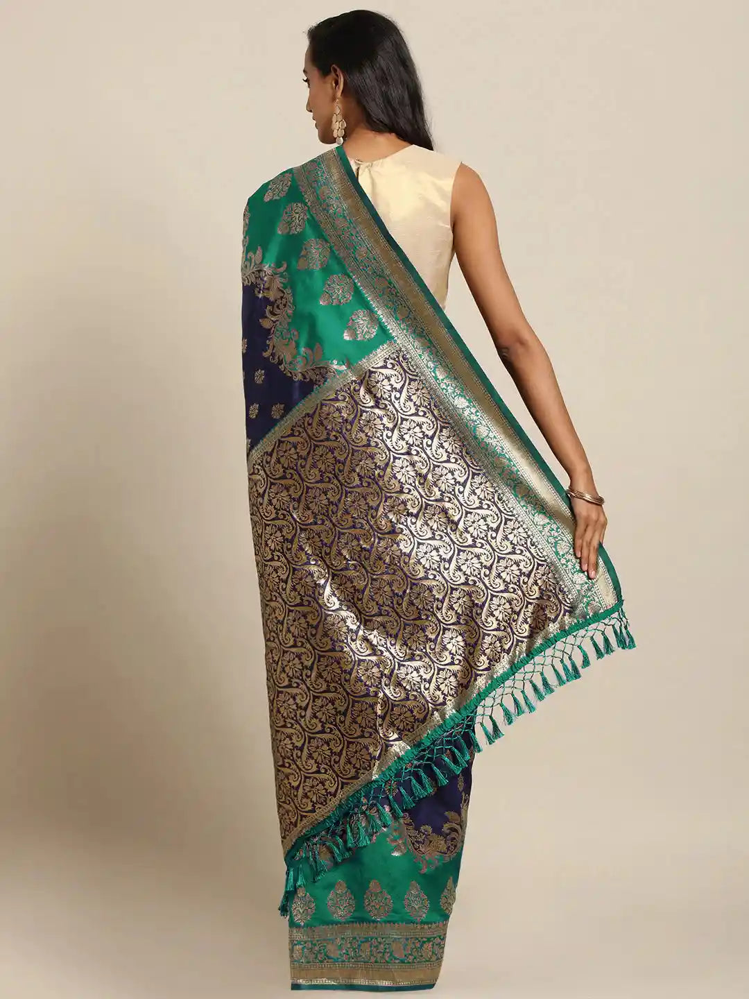 Latest Banarasi Navy Colour Ethnic Motifs Silk Zari Saree