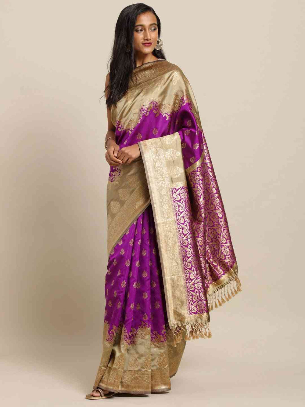 Latest Banarasi Purple Colour Silk Saree with Ethnic Motifs