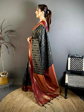 Black Soft Silk Maroon Gadwal Border Saree