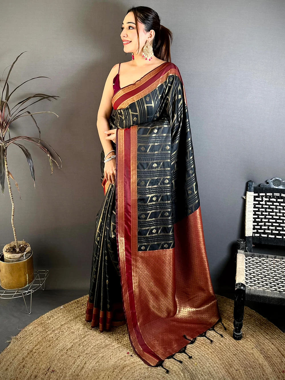 Black Soft Silk Maroon Gadwal Border Saree