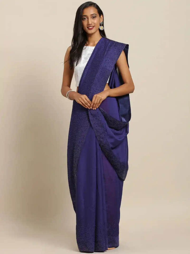 Stylish Navy Colour Solid Print With Stones Work Saree