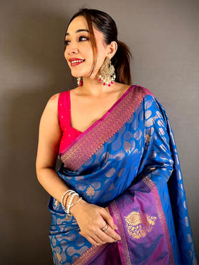 Blue Soft Semi Silk Satin Gadwal Border Saree