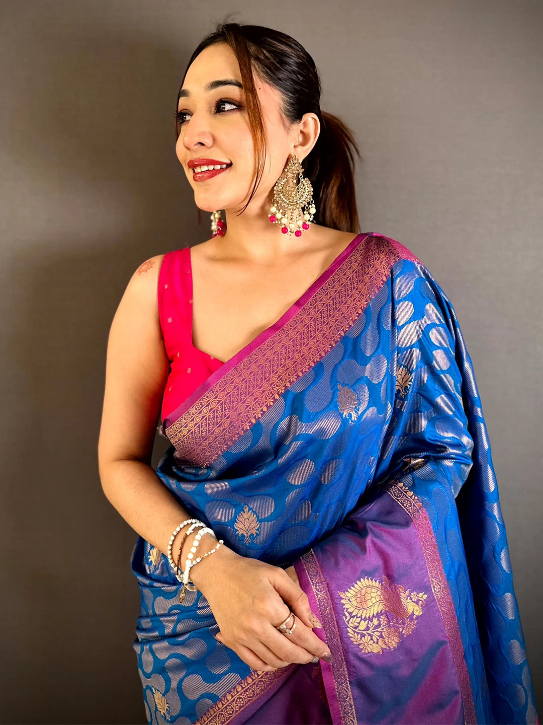 Blue Soft Semi Silk Satin Gadwal Border Saree