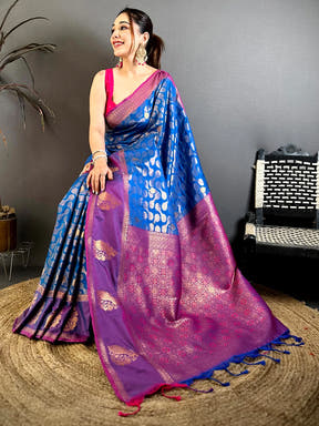 Blue Soft Semi Silk Satin Gadwal Border Saree
