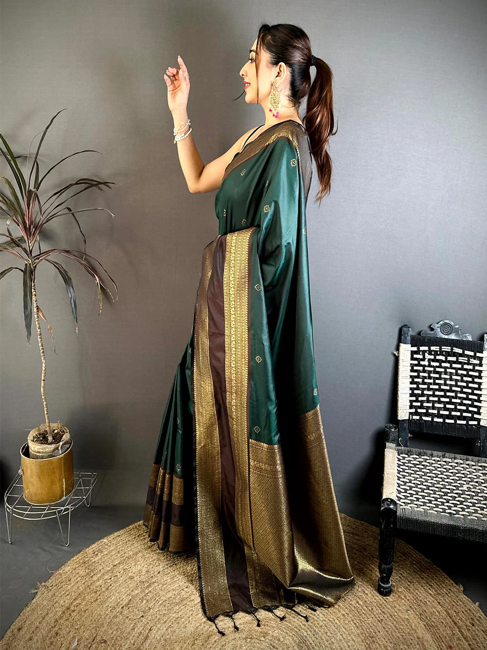 Bottle Green Soft Silk Gadwal Border Saree