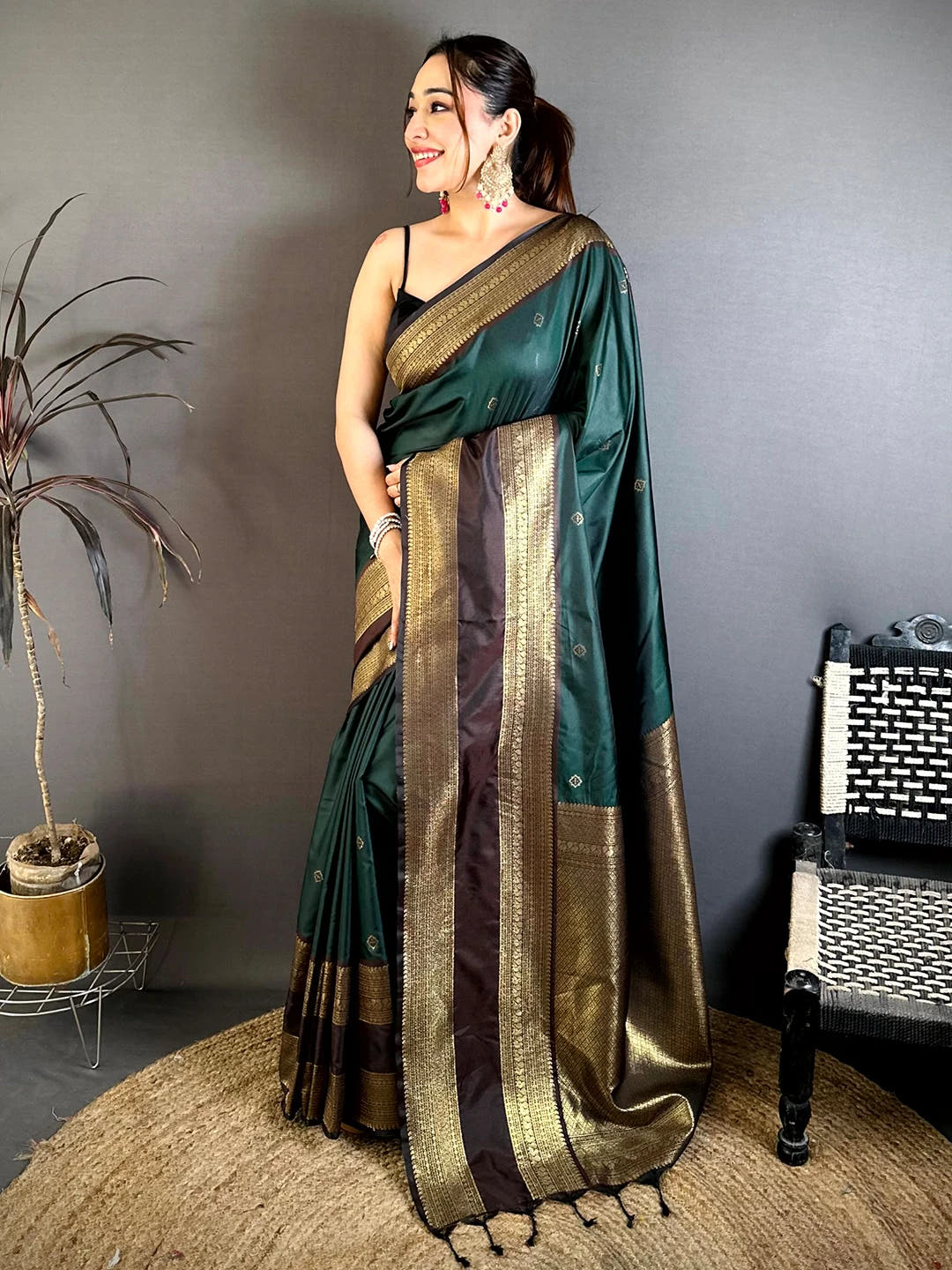 Bottle Green Soft Silk Gadwal Border Saree