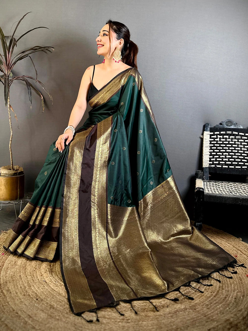 Bottle Green Soft Silk Gadwal Border Saree