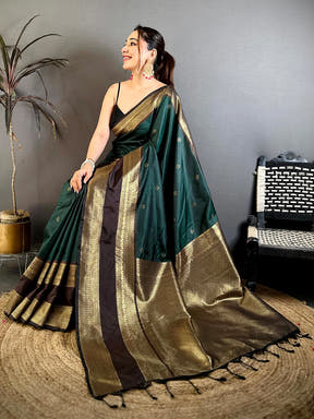 Bottle Green Soft Silk Gadwal Border Saree