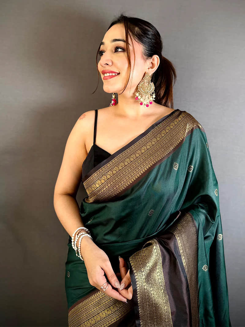 Bottle Green Soft Silk Gadwal Border Saree
