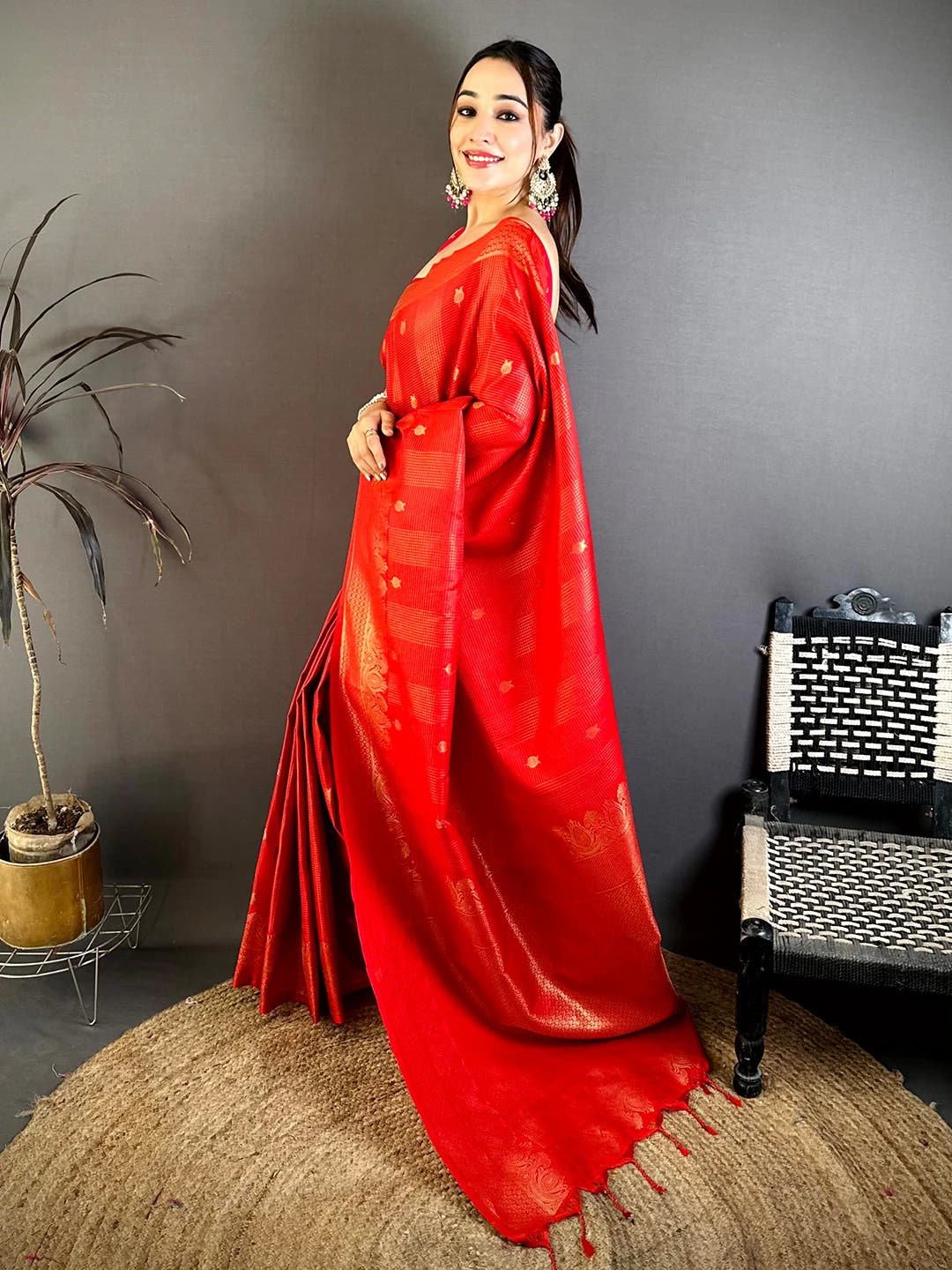 Bright Red Self Zari Check Gadwal Saree