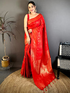 Bright Red Self Zari Check Gadwal Saree