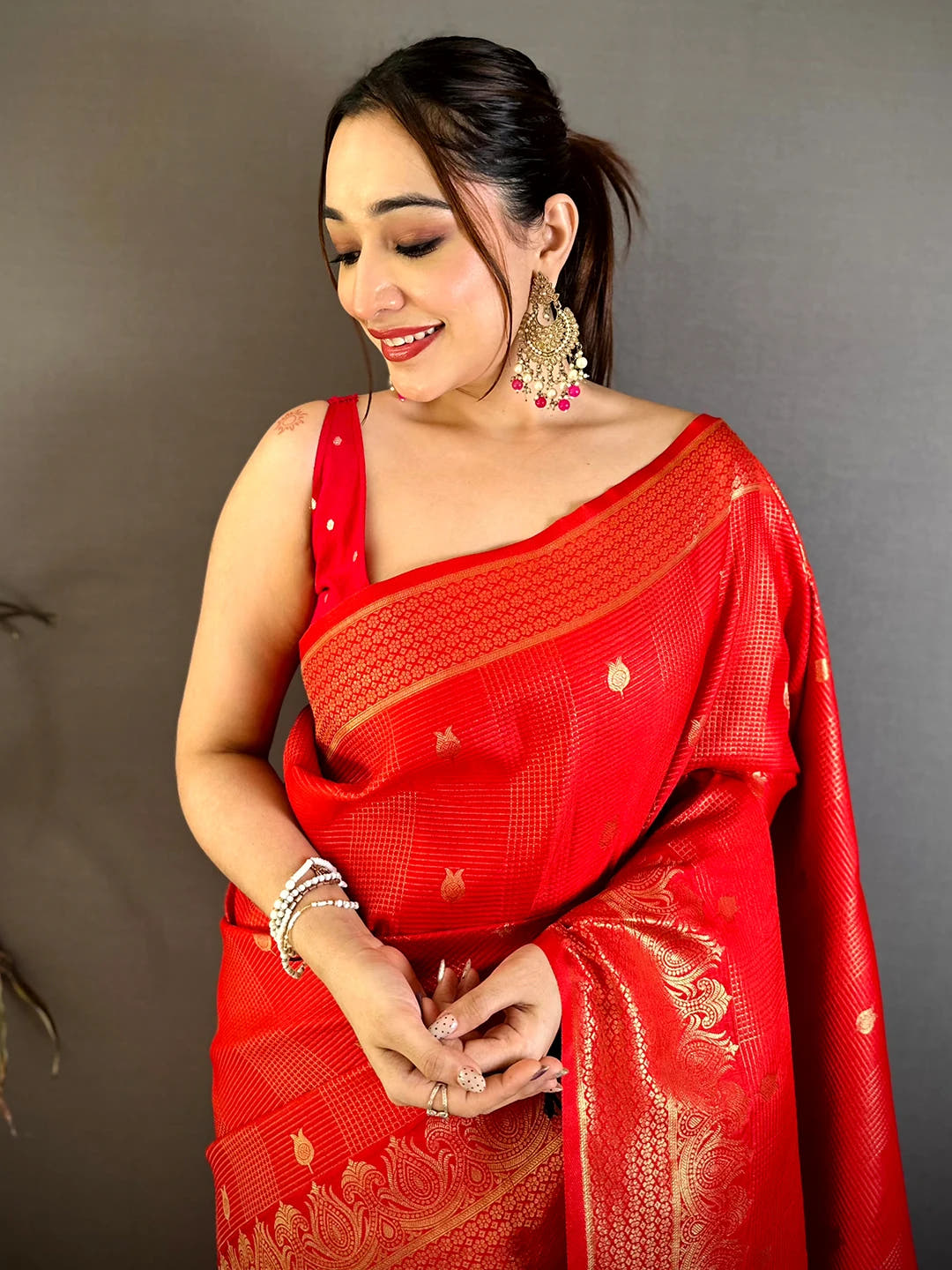 Bright Red Self Zari Check Gadwal Saree