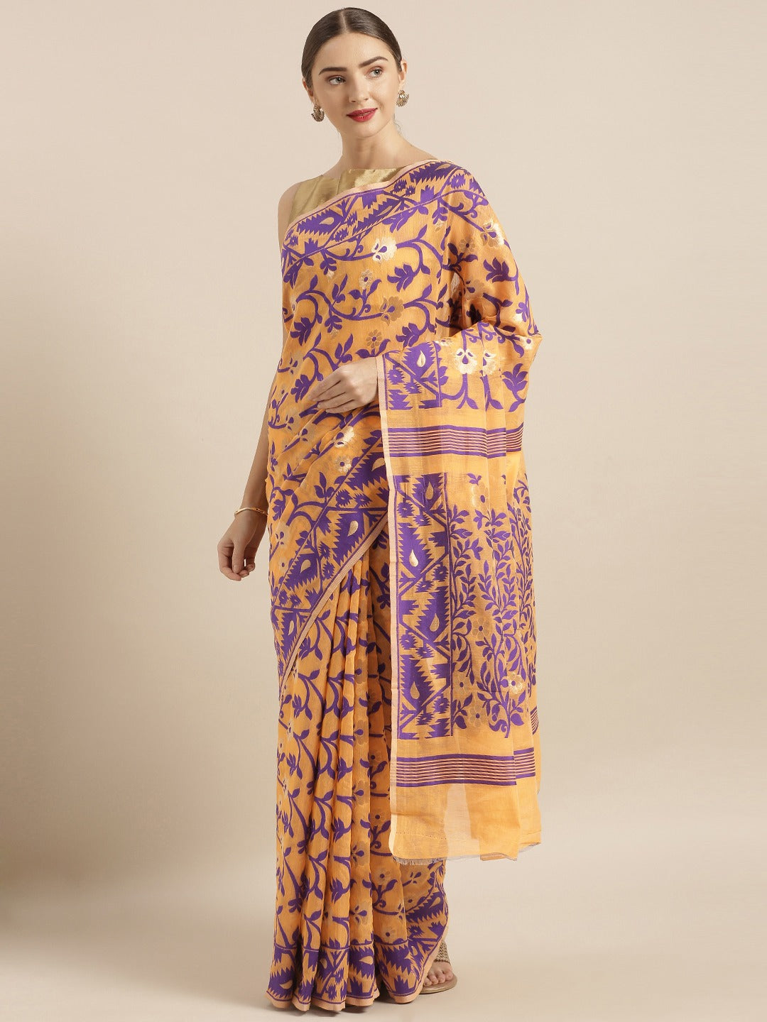 Jamdani Silk Cotton Saree in Orange Colour