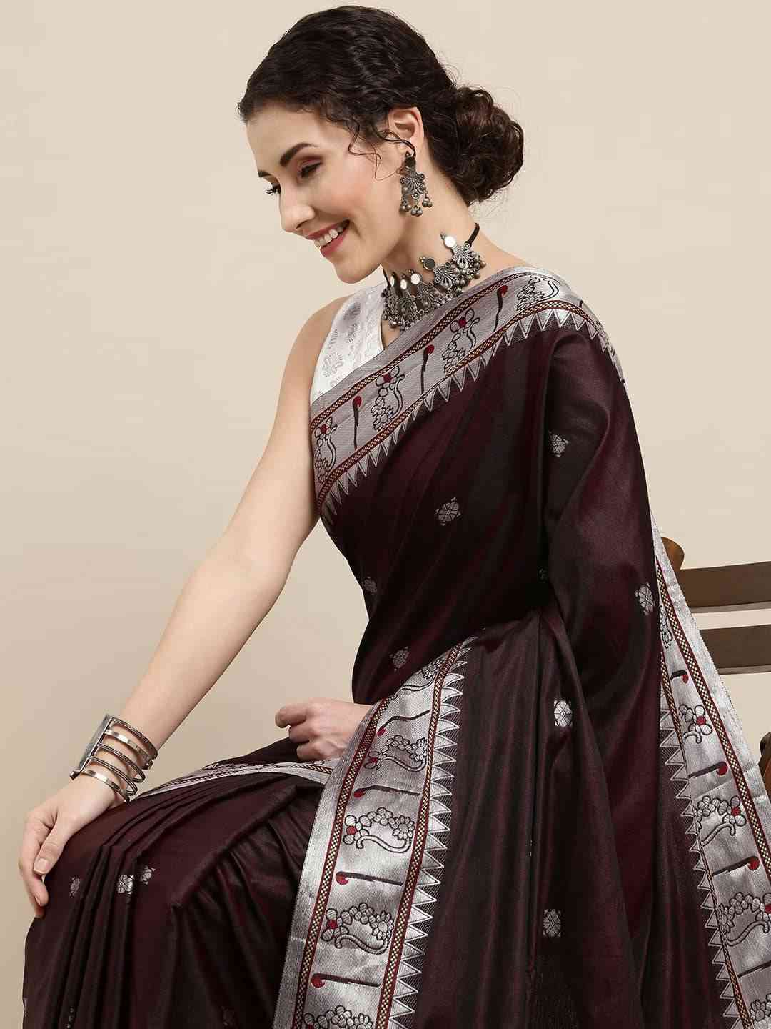 Brown Colour Zari Silk Cotton Paithani Saree