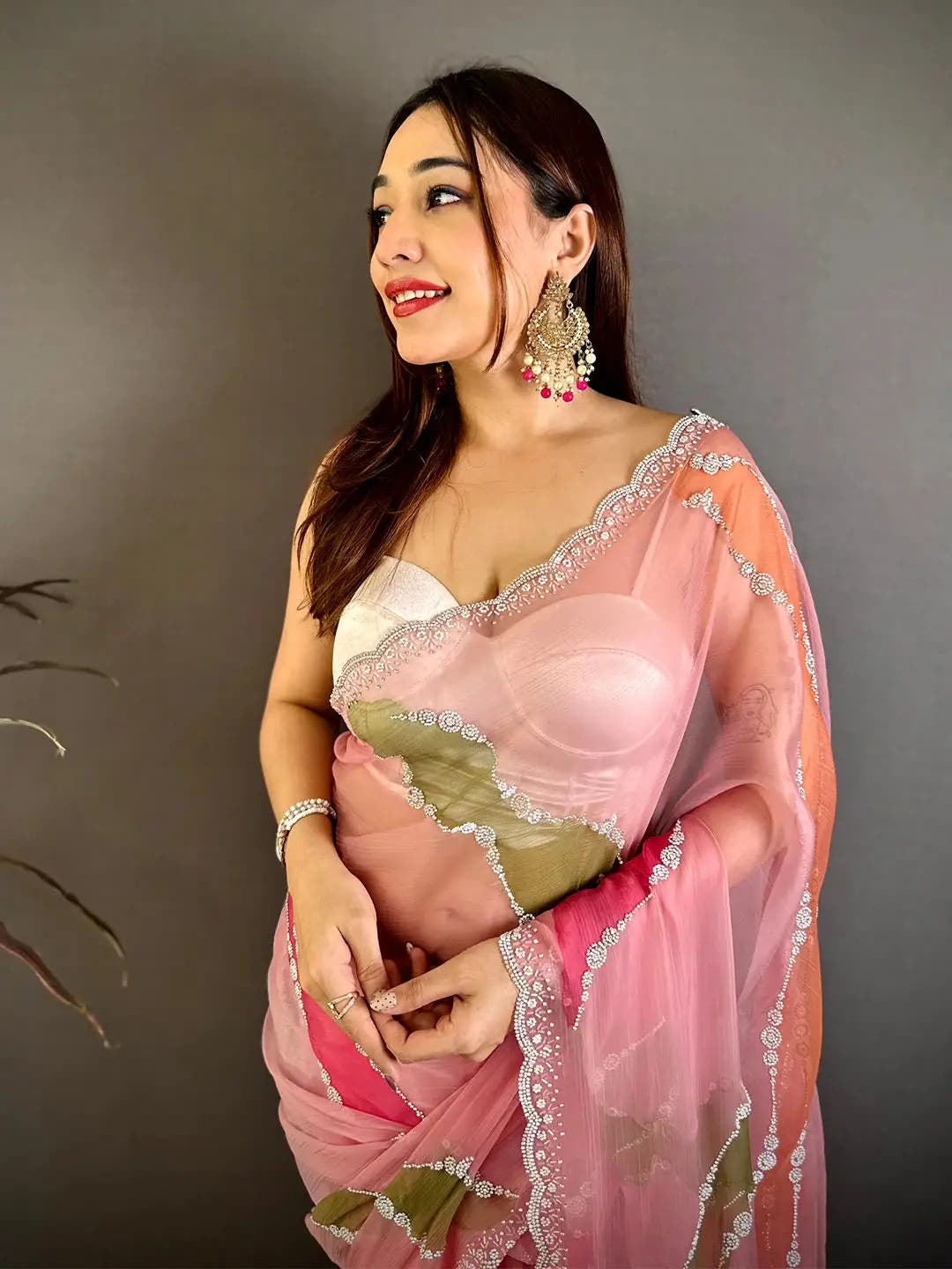 Chiffon Brush Leheriya Diamond Pearl Saree