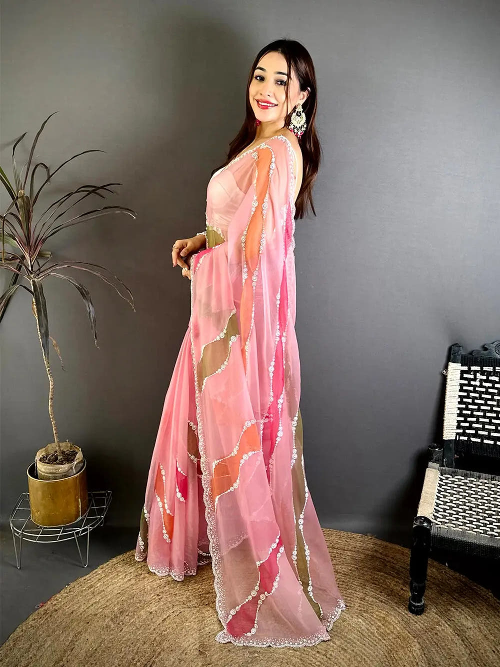 Chiffon Brush Leheriya Diamond Pearl Saree