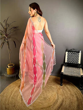 Chiffon Brush Leheriya Diamond Pearl Saree