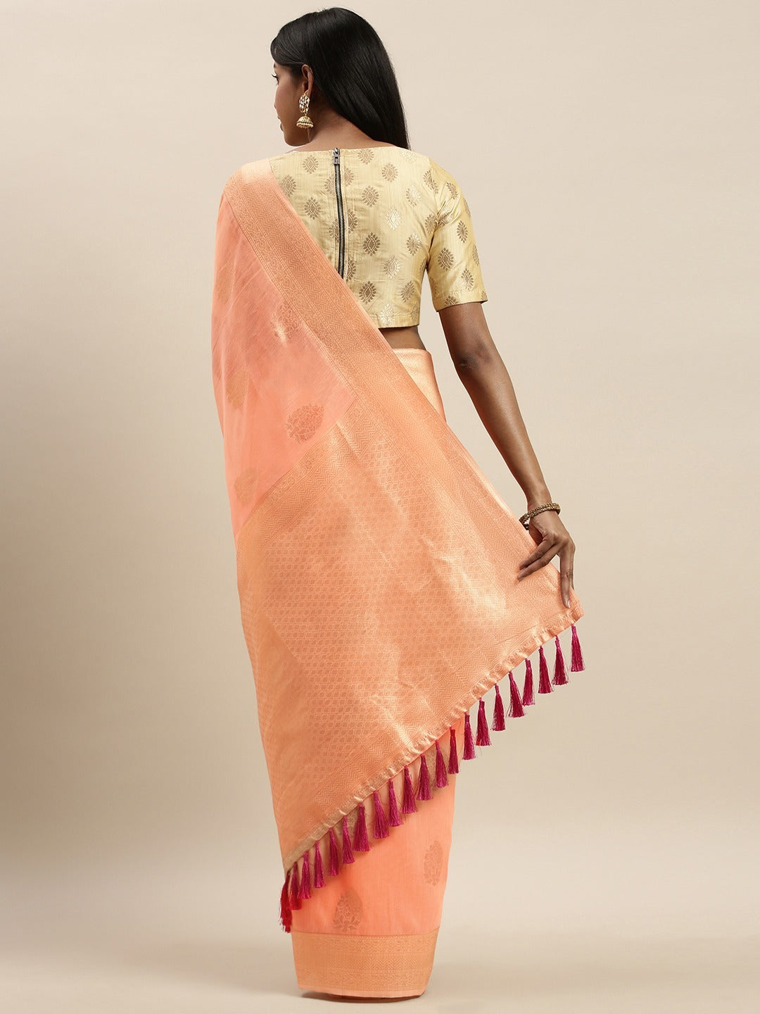 Bollywood Peach Colour Woven Design Cotton Saree