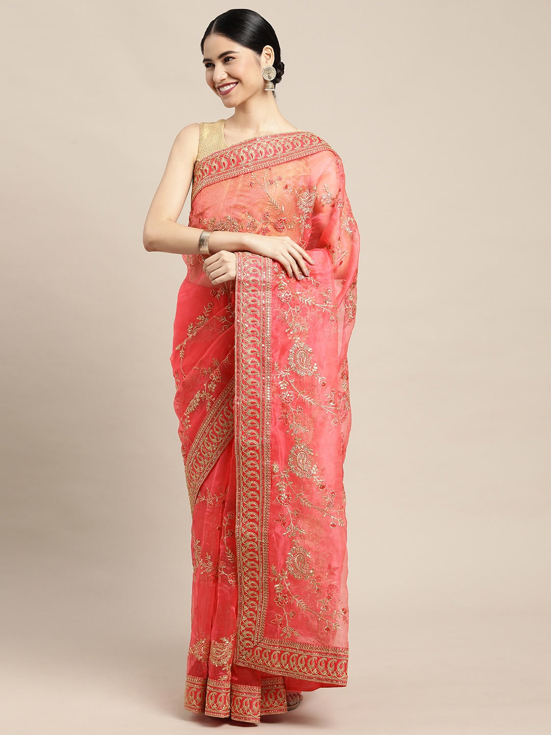 Floral Pink Colour Embroidered Organza Saree