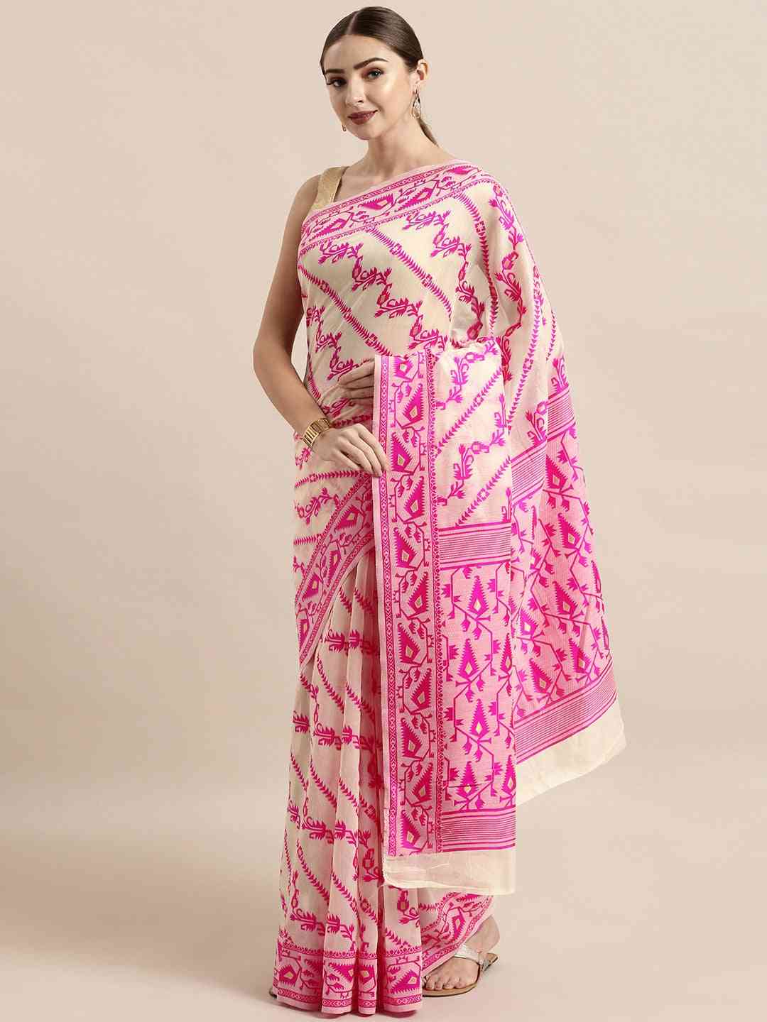 Exclusive Jamdani Pink Colour Woven Silk Cotton Saree