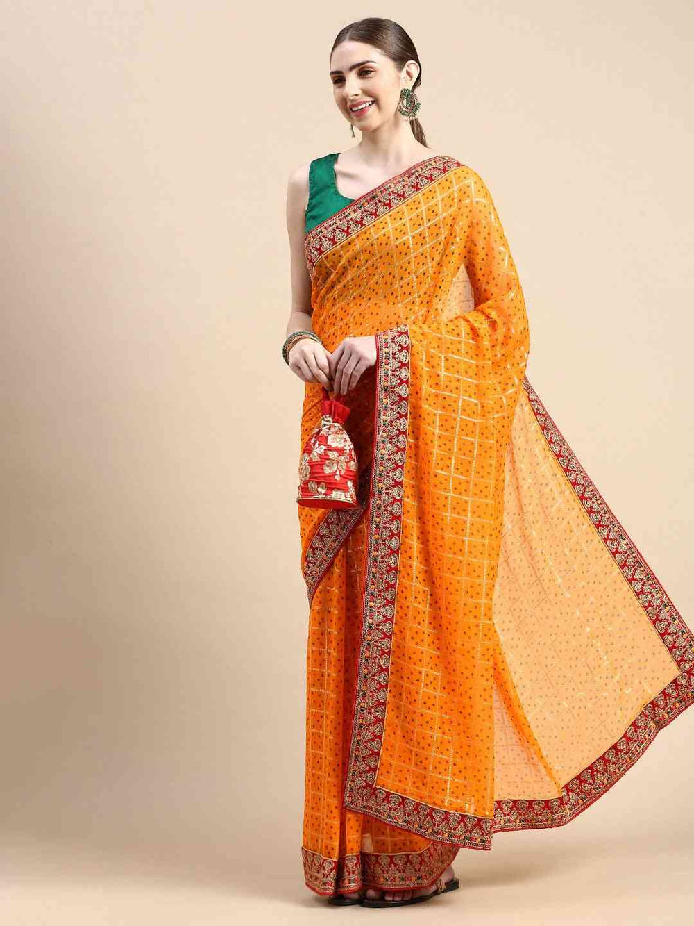  Yellow Zari Poly Georgette Bandhani Saree
