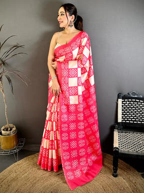 Elegant Pink Ikkat Tussar Designer Saree