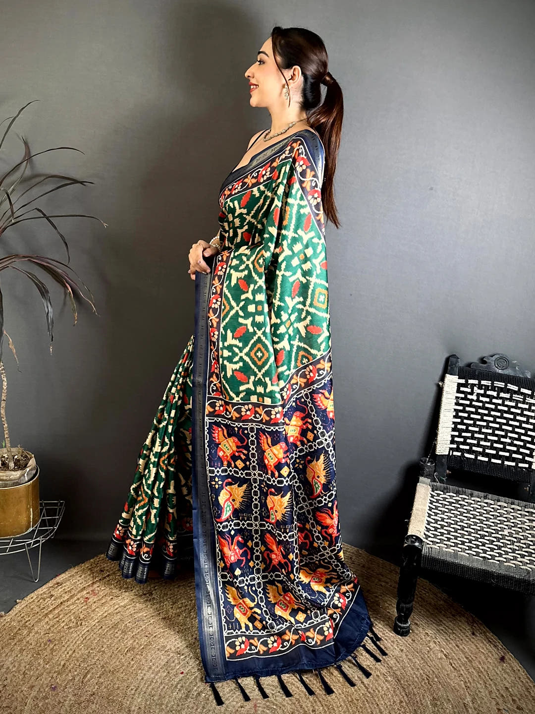 Emerald Green Soft Silk Ikkat Print Saree - view 2