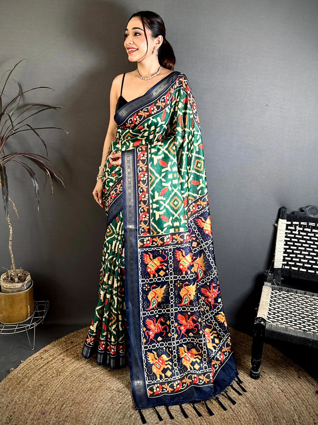 Emerald Green Soft Silk Ikkat Print Saree