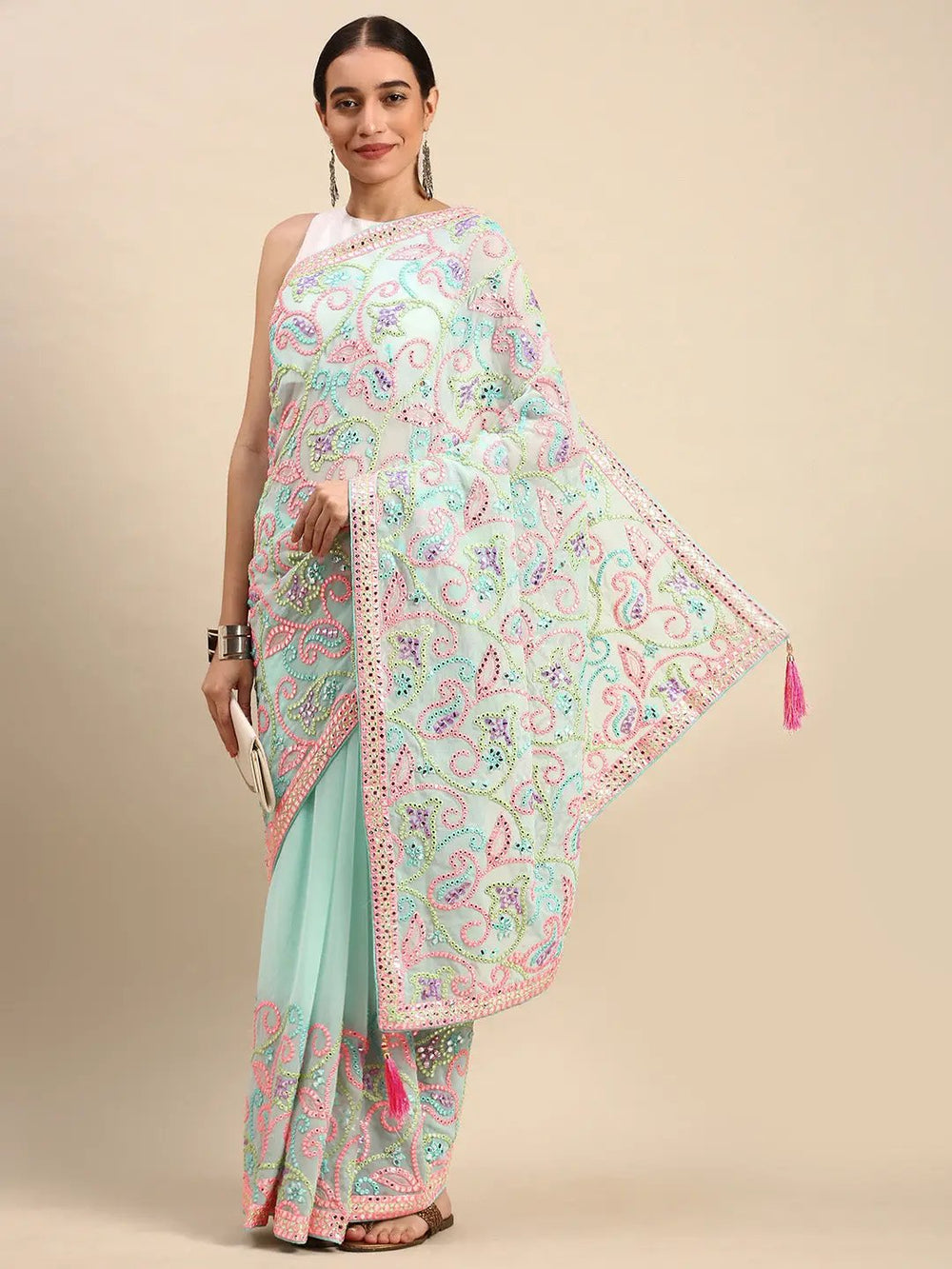 Sky Blue Colour Stylish Embellished Satin Saree