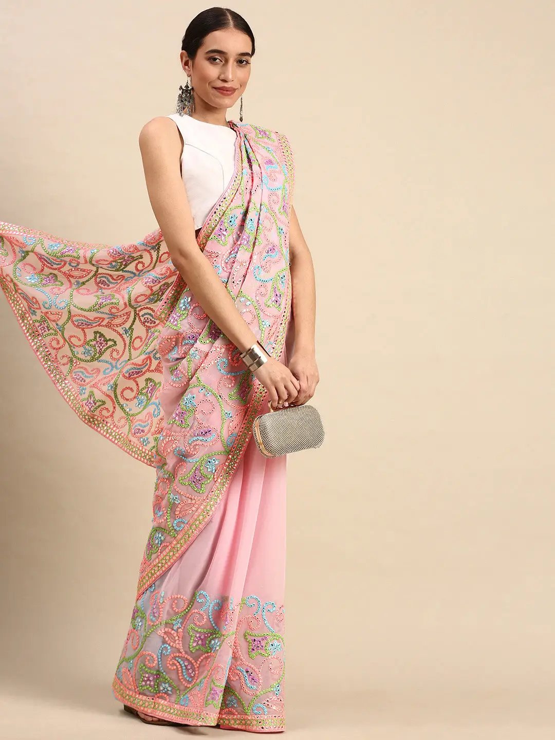 Pink Colour Stylish Embellished Satin Saree with Mirror Work