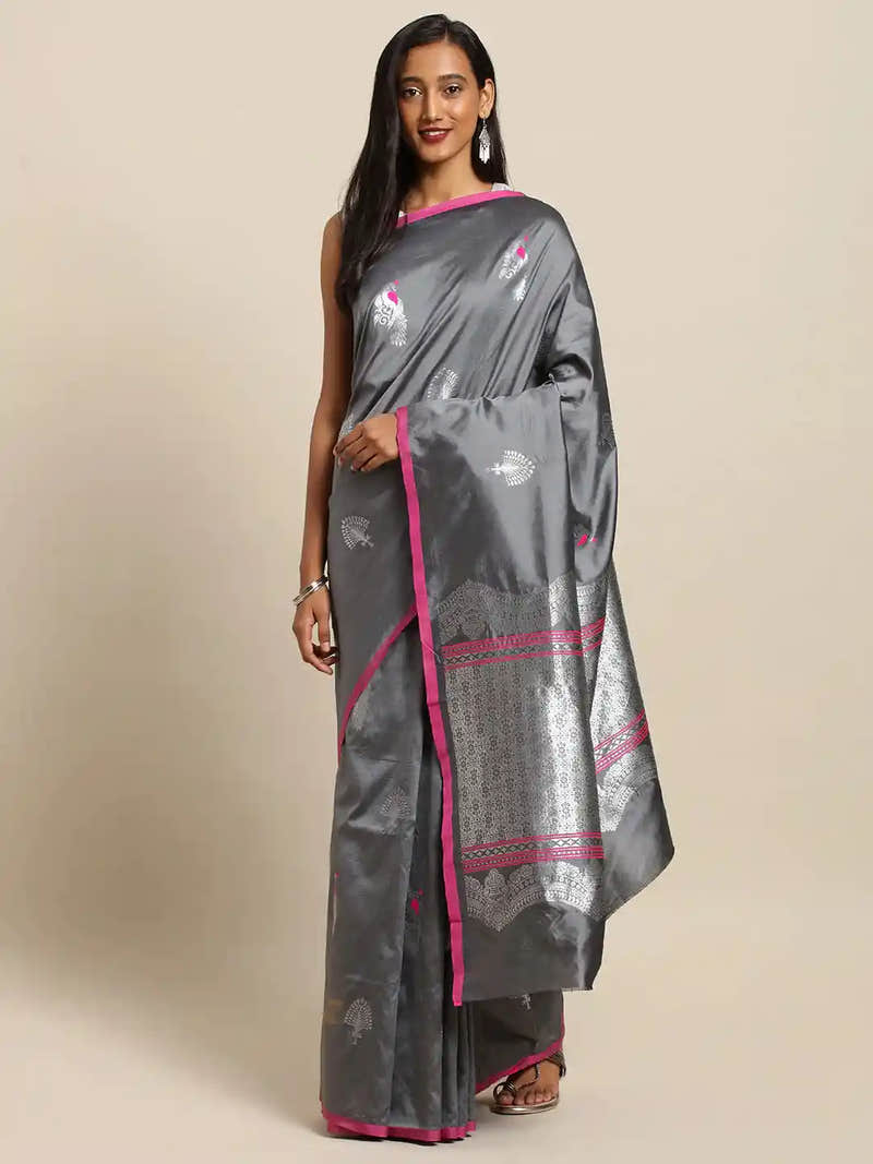 Beautiful Kanjivaram Grey Colour Silk Blend Woven Design Saree