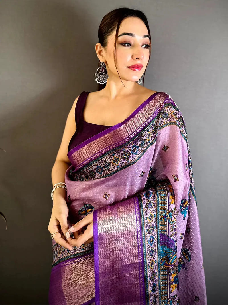 Lavender Soft Dola Kalamkari Zari Border Saree