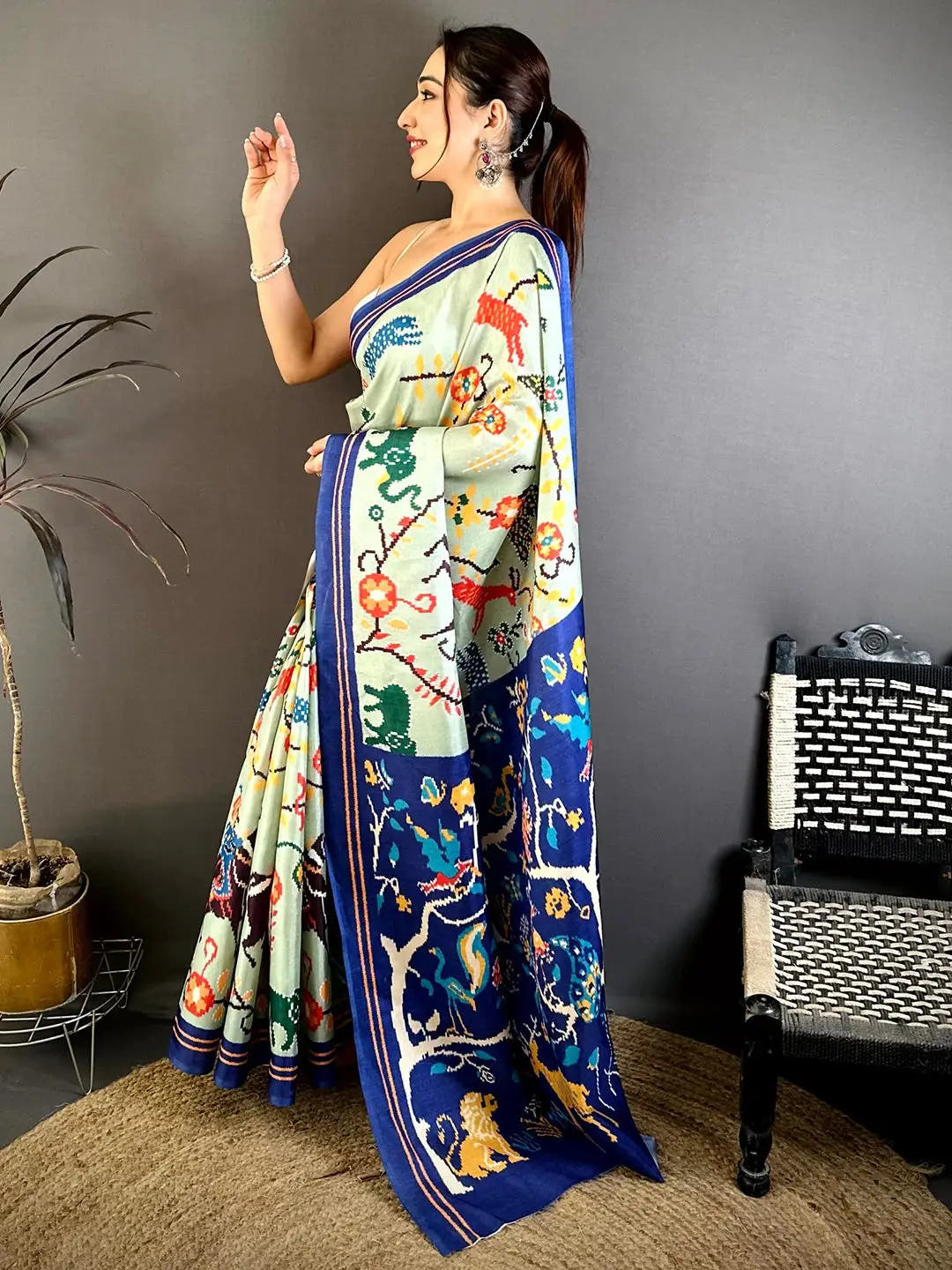 Mint Green Patola Print Tussar Saree