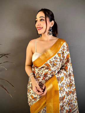 Mustard Bird Printed Tussar Check Saree