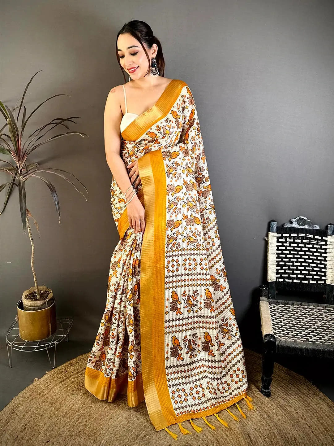Mustard Bird Printed Tussar Check Saree