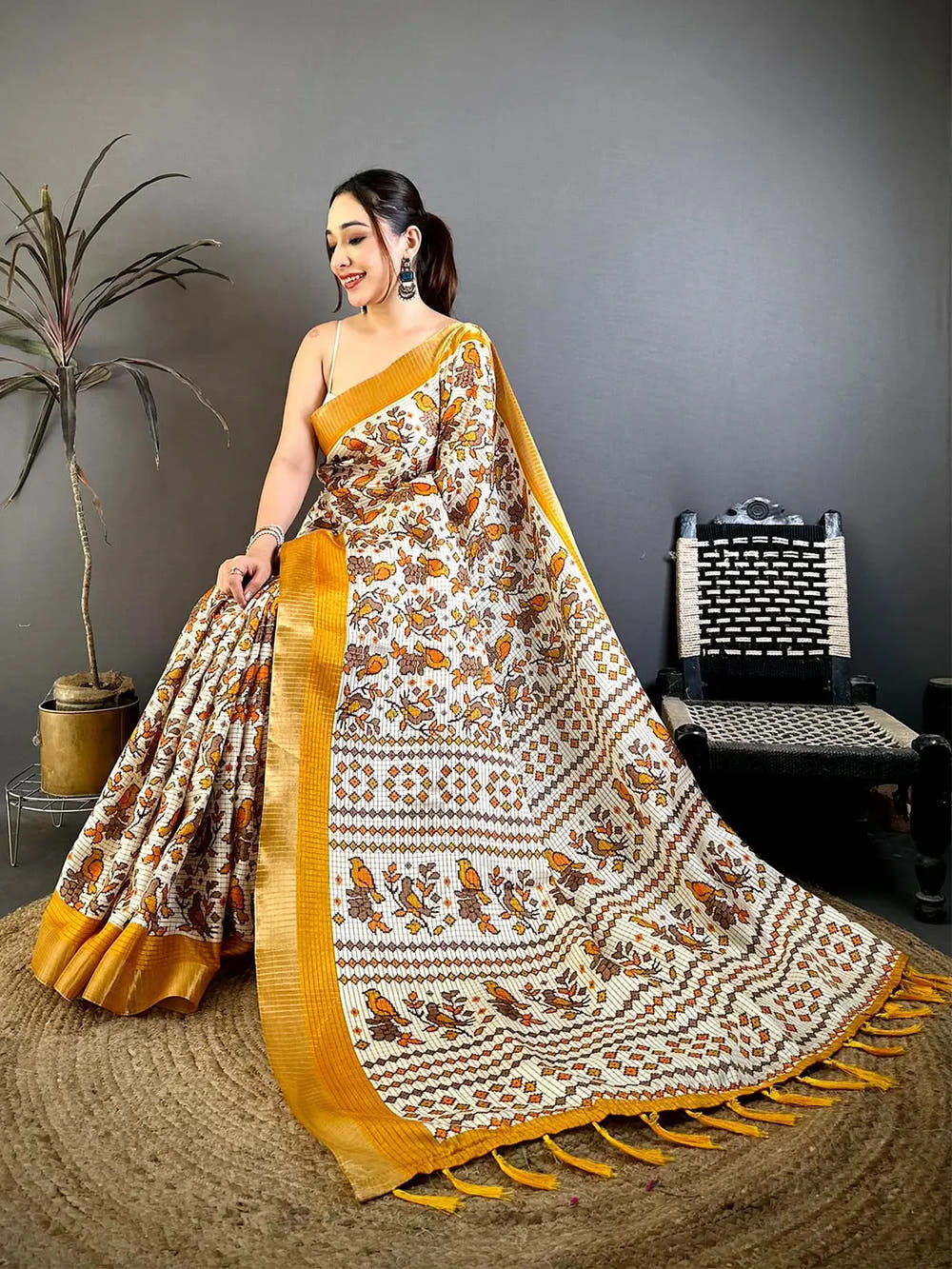 Mustard Bird Printed Tussar Check Saree