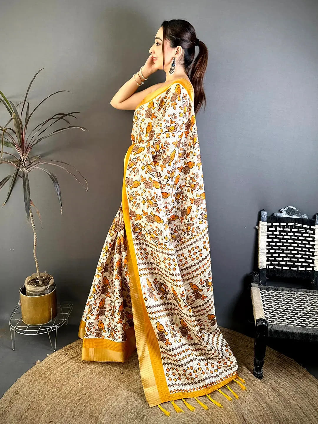 Mustard Bird Printed Tussar Check Saree