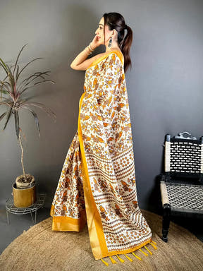 Mustard Bird Printed Tussar Check Saree