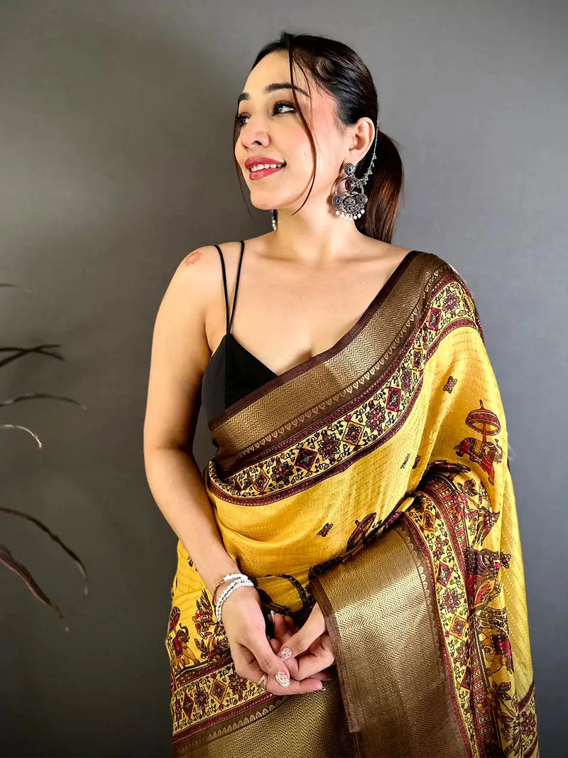 Mustard Soft Dola Kalamkari Zari Border Saree