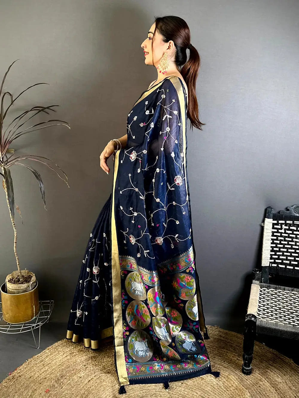 Navy Linen Chanderi Pearl Bead Work Saree