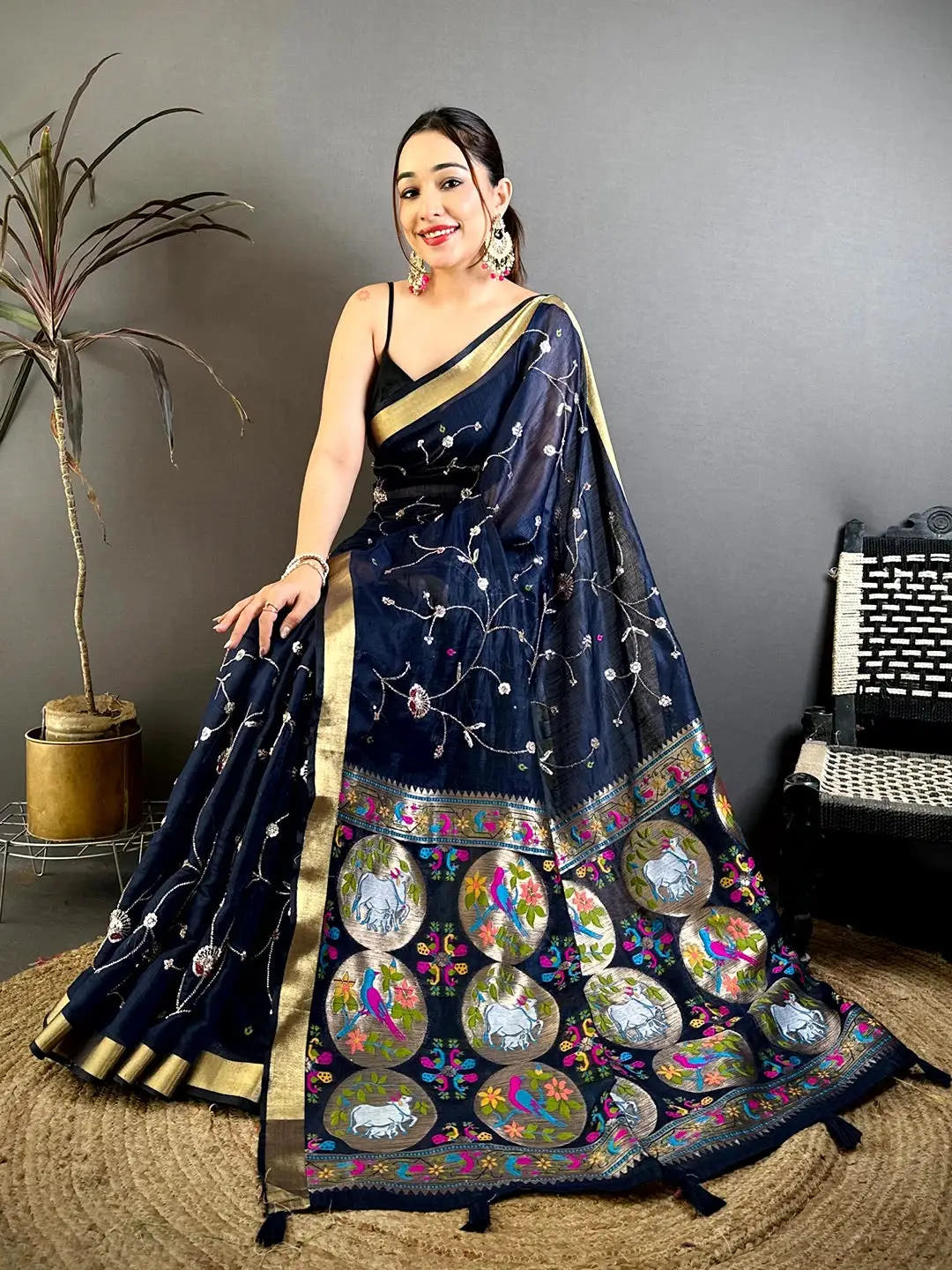 Navy Linen Chanderi Pearl Bead Work Saree