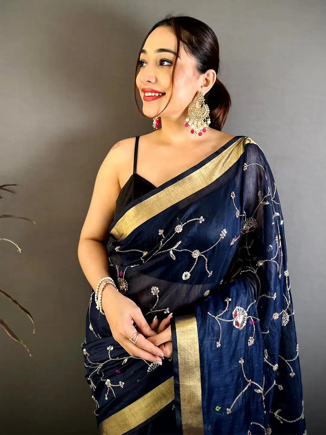 Navy Linen Chanderi Pearl Bead Work Saree