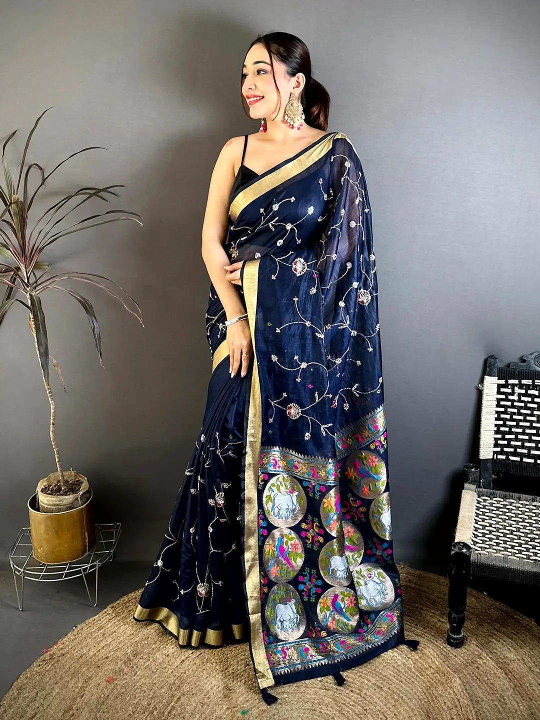 Navy Linen Chanderi Pearl Bead Work Saree