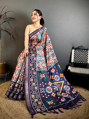 Opulent Cream Soft Silk Ikkat Pattern Saree - view 4