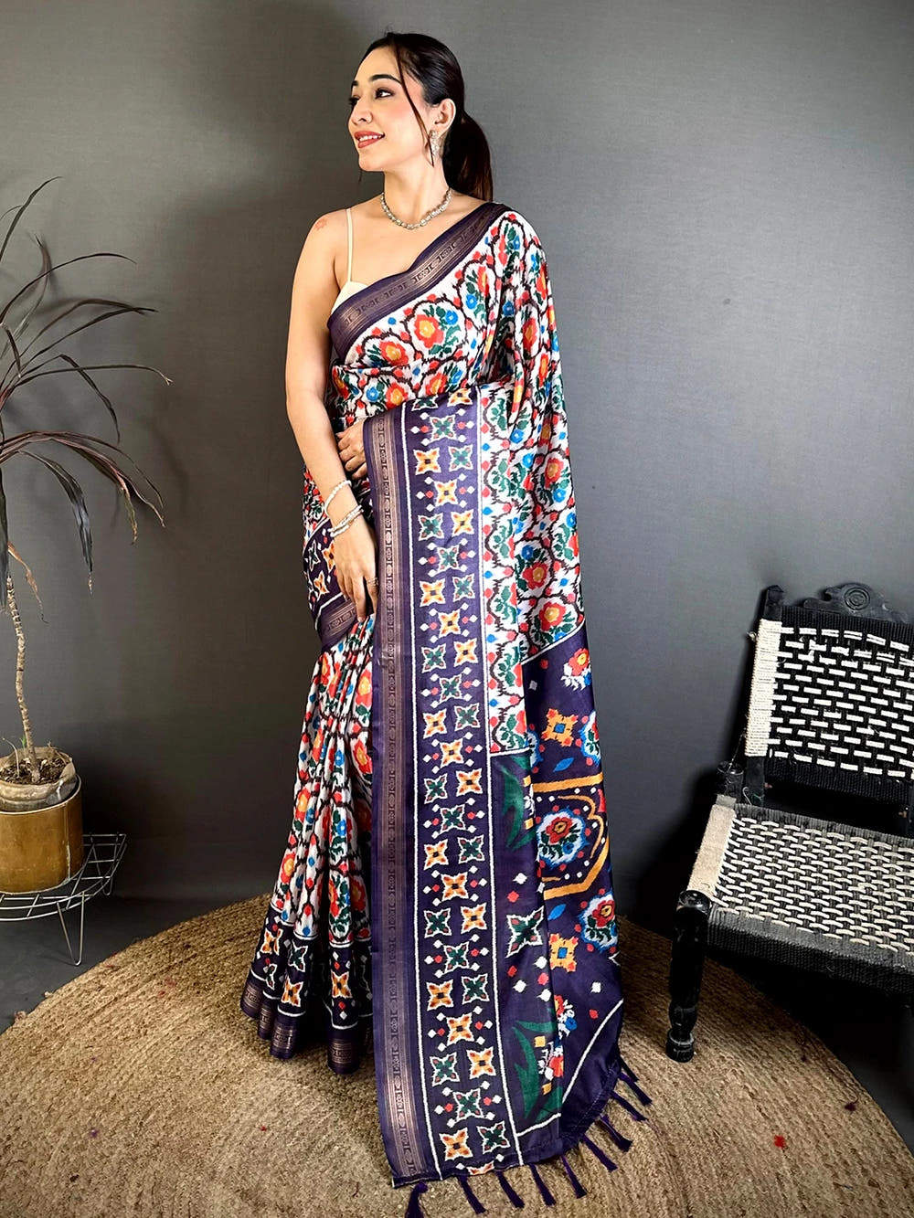 Opulent Cream Soft Silk Ikkat Pattern Saree